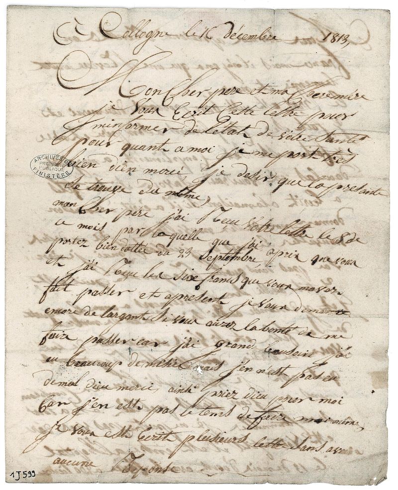 Lettre du soldat Yves Lucas à ses parents, Cologne, 16 décembre 1813 — scan original, page 1